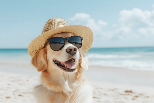 Dog and luggage on the beach sea. Vacation concept