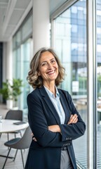 Happy businesswoman with arms crossed, standing confidently in the office and looking at the camera.