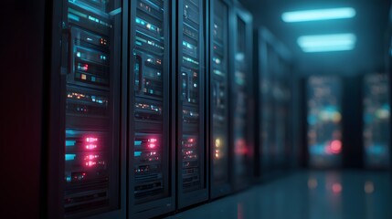 A row of server racks with glowing lights in a dark data center creating a technological atmosphere