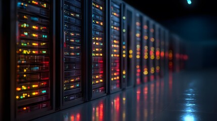 Naklejka premium A server room filled with rows of data storage units and blinking lights in a dark environment