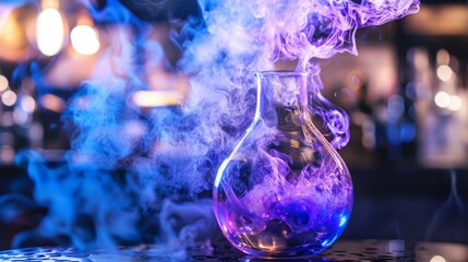 Fototapeta premium Magical purple potion bottle emitting smoke