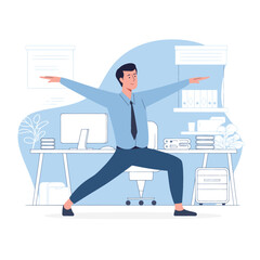 Fototapeta premium Businessman doing yoga on the office background