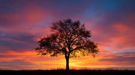 Silhouette of a tree against a vibrant sunset sky with orange pink and purple hues in the background