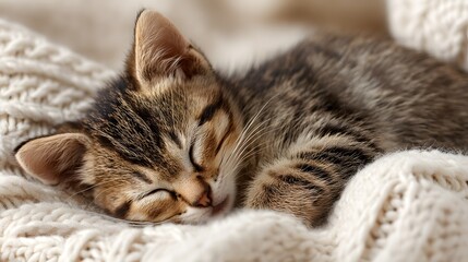 Close up of a tabby kitten sleeping soundly on a soft white knitted blanket with eyes closed tight