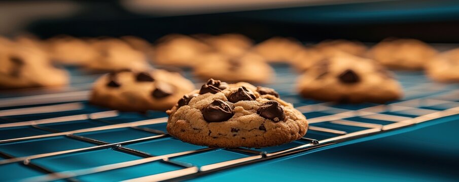Freshly baked chocolate chip cookies cooling on a wire rack in a warm kitchen setting.