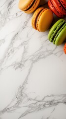 Colorful macarons arranged on a marble surface, showcasing a vibrant and elegant dessert presentation.