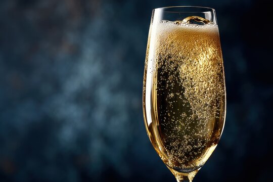 Elegant glass of sparkling champagne with golden bubbles against a dark background, celebrating special moments with refreshing fizz and festive cheer.