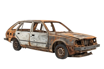 rusty abandoned car frame in a scrap yard isolated on white background PNG