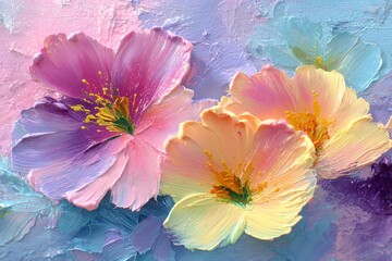 Colorful floral painting featuring pink and yellow flowers on a textured background
