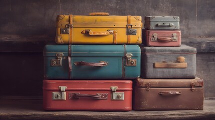 Stack of vintage suitcases in various colors and sizes with leather handles and metal clasps on wood