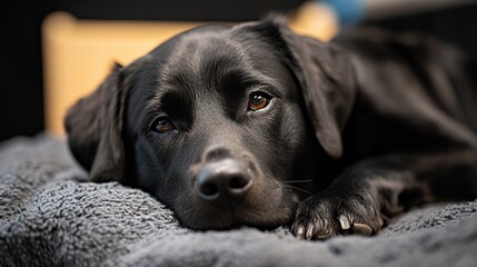 Loving black labrador relaxing at home cozy pet