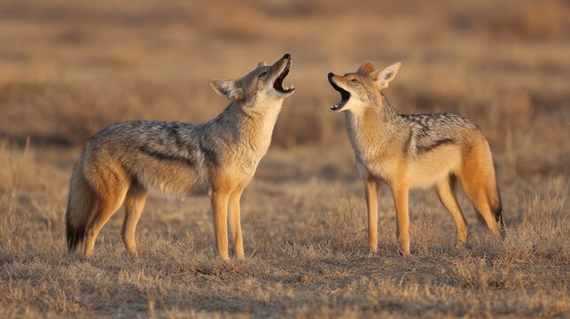 Golden Jackals Howling at Dawn, Serengeti Plains
