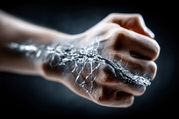 A surreal close-up of a clenched fist with shattered glass, symbolizing strength and fragility, against a dark background and intense studio lighting.