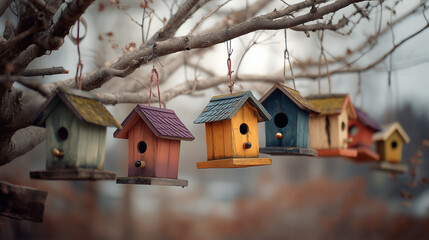  A line of vibrantly colored birdhouses suspended from a bare tree branch against a soft, blurred backdrop, creating a scene of simple charm and serene peace.