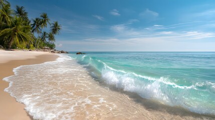 A serene beach scene with palm trees, gentle waves, and clear blue skies on a sunny day view
