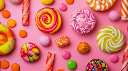 Fototapeta premium Colorful candy and sweets on pink backdrop
