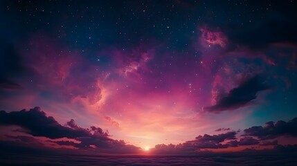 Fototapeta premium Magical Sunset Sky with Pink Purple Clouds and Stars A Stunning Night Sky Background Image