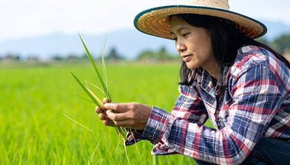 Fototapeta premium Farmer woman in a lush paddy field, gently examining a young rice plant with practiced care. The scene is bathed in the warm golden light of sunset, casting a soft glow and long shadows.