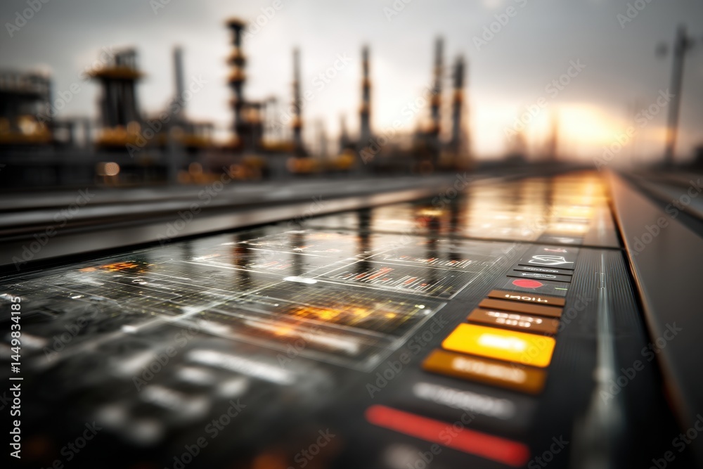 Poster close-up of an industrial control panel displaying complex data visualizations with a blurred refine