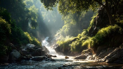 A scenic view of a river flowing through a lush green forest with sunlight streaming through the trees
