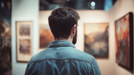 Back view of man in art gallery