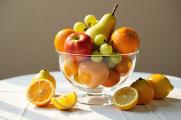 A glass bowl overflowing with an assortment of bright, fresh fruits.