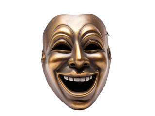 a gold mask with a laughing face