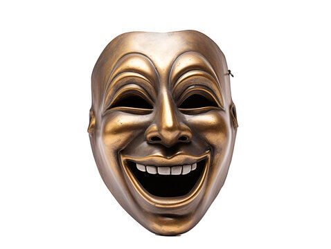 a gold mask with a laughing face