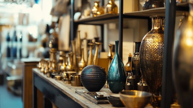 Antique gold vases and ceramic art display
