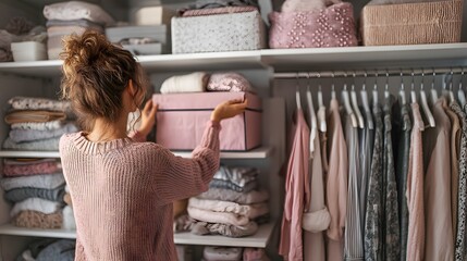 Woman organizing closet with folded clothes hanging garments and storage boxes on shelves in wardrobe