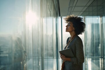 A thoughtful businesswoman with a tablet contemplating future opportunities while gazing through the modern office window on a sunny day, planning business strategies.