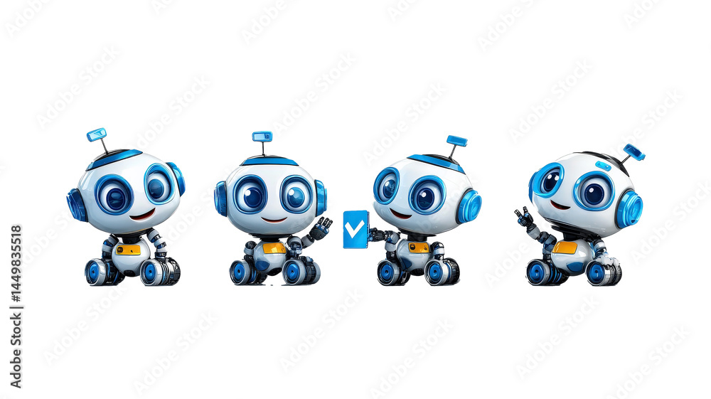 Poster cute robots with blue accents and antennas are interacting playfully, showcasing friendly expression