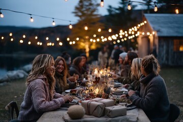 A group of friends enjoying Eid ul-Adha dinner outdoors, with a long table covered in traditional foods and wrapped gifts, all set under a string of warm lights.