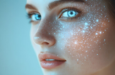 AI generated image of woman face with glowing dots effect. Exosomes skin treatment diagram with collagen boost, rejuvenation. Elasticity improvement, youthful glow. Skincare treatment, beauty concept.