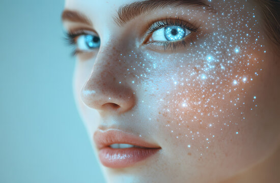AI generated image of woman face with glowing dots effect. Exosomes skin treatment diagram with collagen boost, rejuvenation. Elasticity improvement, youthful glow. Skincare treatment, beauty concept.