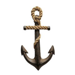 Rustic wooden anchor with thick natural fiber rope knotting a nautical maritime symbol on transparent background for maritime adventure and nautical decor themes. © OngCaLucK