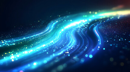 Fototapeta premium Abstract vector wave lines flowing dynamic in blue green colors isolated on black background, futuristic light trails motion digital swirl energy pattern glowing curve neon flow stream
