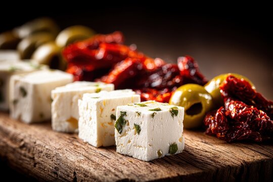 A rustic display of feta cheese cubes marinated in herbs, alongside sun-dried tomatoes and green olives served on a weathered wooden board. - Powered by Adobe