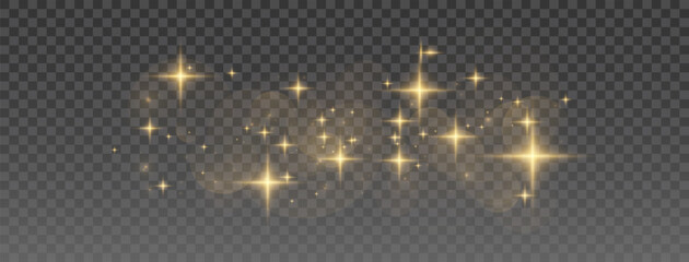 Sparkling golden bokeh lights and glitter dust on black background, magical abstract texture with flare and shine, festive confetti-style light effect for celebration illustrations