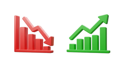 Two 3D bar graphs, one red depicting a downward trend, and the other green illustrating an upward trend, presented against a dark background, showcasing contrasting market indicators.