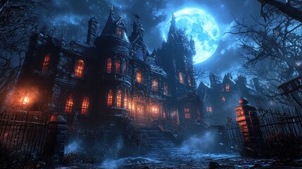 Fototapeta premium Spooky mansion, moonlight, misty night