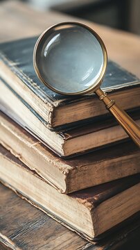 Stacked Old Hardcover Books with Gold Framed Magnifying Glass on Wood Tabletop