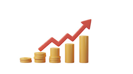 3D graphic design showing upward financial growth, represented by stacks of coins and an upward-pointing arrow. isolated on transparent png