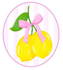 Coquette Pair of Lemons with Pink Ribbon Bow Watercolor in Preppy oval frame, Girly Summer Vintage wall art printable