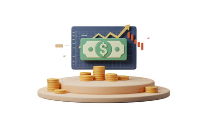 3D financial growth and decline, using a dollar sign and coins.  A graph shows contrasting trends on a pastel colored podium. isolated on transparent png
