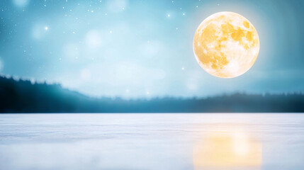 serene night scene featuring bright full moon illuminating calm lake, surrounded by misty landscape. soft glow of moon reflects on water, creating tranquil atmosphere