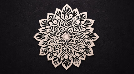 Intricate paper cut design featuring floral mandala pattern, showcasing delicate leaves and petals against dark background, creating striking