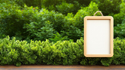 blank wooden frame is displayed against lush green background, surrounded by vibrant foliage. This serene setting evokes sense of tranquility and nature beauty