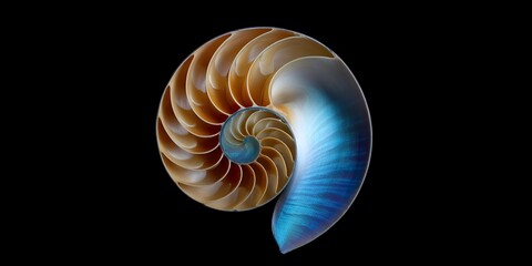 Vibrant Nautilus Shell on Black Background Marine Life Wonders Seashell Art Natural Geometry Spiraling Patterns Oceanic Treasures Mollusk Beauty Undersea World 