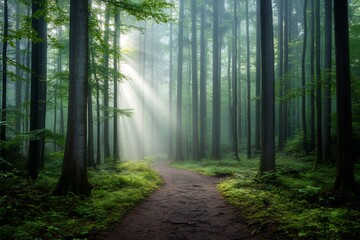 Fototapeta premium Foggy woodland path early morning soft light rays piercing trees natural tones balanced composition realistic textures sharp focus in foreground